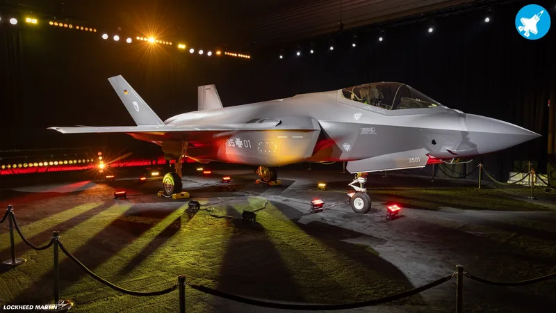 Modell des Lockheed Martin F-35 Kampfflugzeugs mit Bundeswehr-Hoheitszeichen und Kennung 35+01 auf einer Ausstellungsbühne