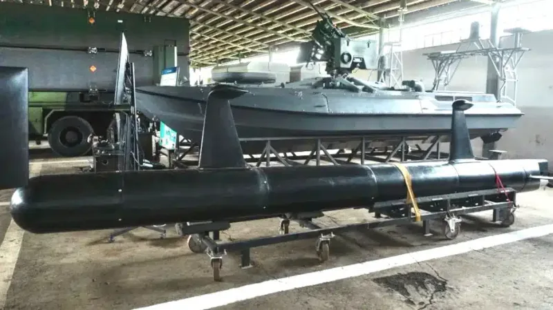 SARGAN-3000 USV (toward background), also known as SeaWolf, in service with Ukraine.