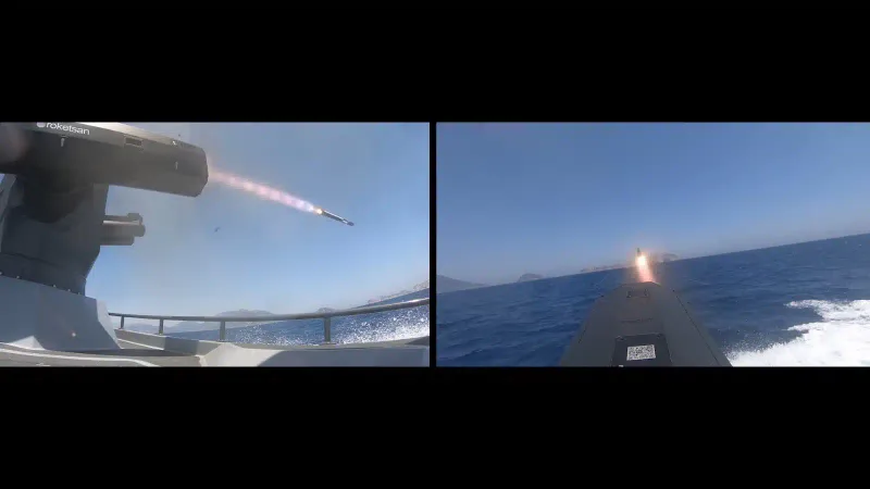 Screenshots from ULAQ's live guided rocket launch against a land target.