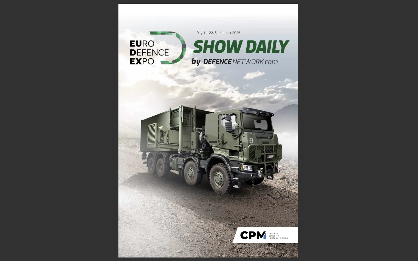 Titelseite der Show Daily zur Euro Defence Expo 2026 mit einem vierachsigen Rheinmetall MAN HX Militär-LKW im Gelände