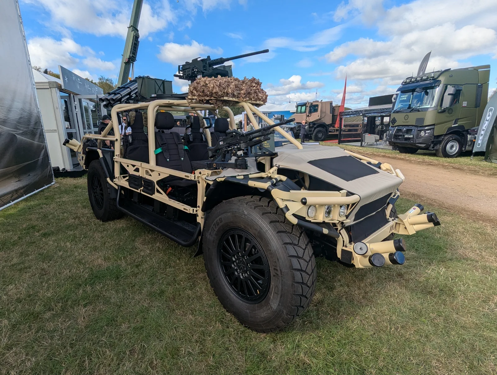 A Fering Technoligies Pioneer X tactical vehicle on display at DVD 2026 kitted out for an armed reconnaissance mission. The Pioneer X is a niche, UK-designed and -produced vehicle with unique capabilities, most obviously a range of 7,000 km on just one fuel tank.