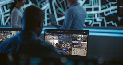 Mitarbeiter in einer Sicherheitsleitstelle überwacht Videostreams der Software Milestone XProtect vor einer großen Videowand