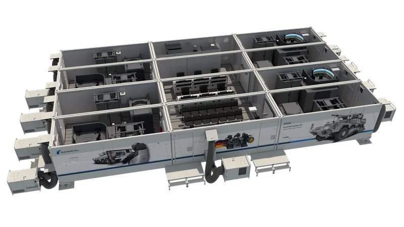 3D-Visualisierung des modularen Ausbildungsgeräts schwere Waffenträger Infanterie von Rheinmetall mit Innenansicht der Container