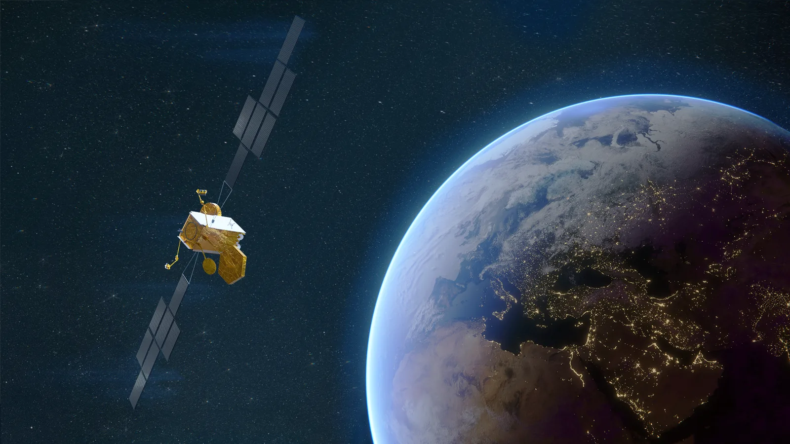 Militärsatellit Skynet 6A von Airbus Defence and Space in der Erdumlaufbahn vor nächtlichem Europa und Nahem Osten