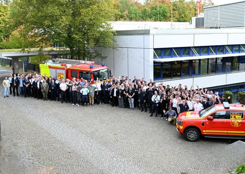 BKS: Gruppenfoto von Einsatzkräften der LFbK Rheinland-Pfalz vor einem Löschfahrzeug und einem roten Ford Ranger Einsatzfahrzeug