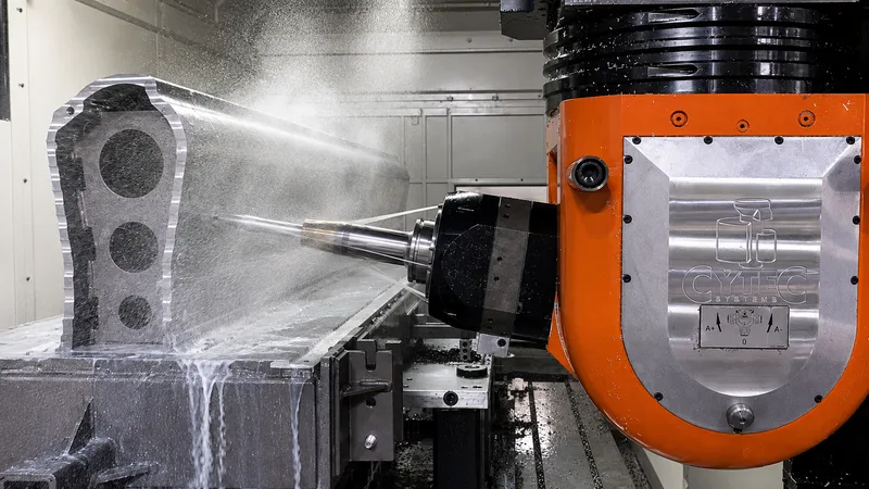 CNC-Fräsmaschine von Cytec Systems bearbeitet ein Metallbauteil unter Einsatz von Kühlschmierstoff in einer Fertigungshalle