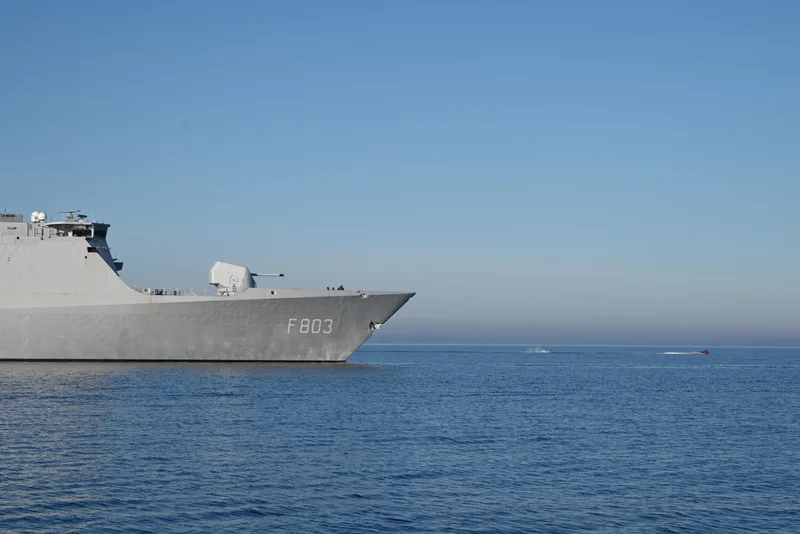 The RNLN frigate HNLMS Tromp pictured operating in the Baltic Sea in 2025, leading a NATO task group including during trials designed to test capacity to cope with swarming uncrewed systems.