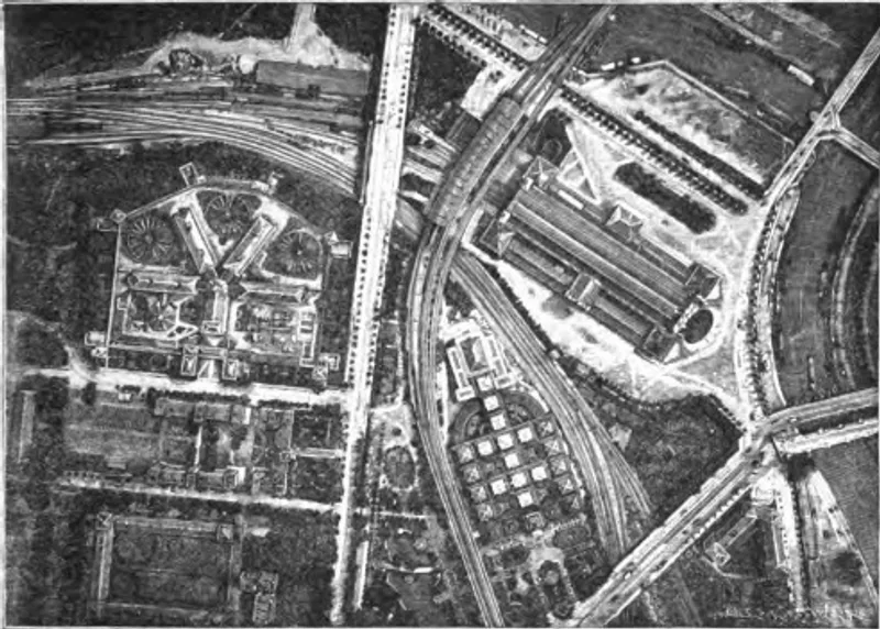 Historische Luftaufnahme des Berliner Lehrter Bahnhofs mit dem sternförmigen Zellengefängnis Lehrter Straße und Gleisanlagen