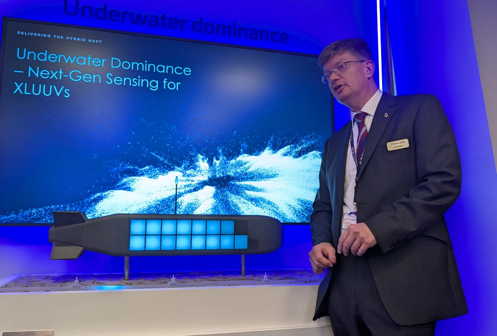 Ian McFarlane, sales director for underwater systems at Thales, briefing journalists on 14 September 2026 regarding the work the company has been doing on providing sensing capabilities for XLUUVs.
