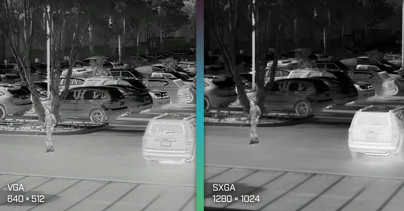 Wärmebildvergleich von Teledyne FLIR mit VGA- und SXGA-Auflösung zeigt eine gehende Person und geparkte Fahrzeuge inklusive Jeep