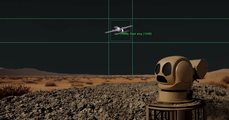 Elektrooptisches Sensorsystem von Teledyne FLIR mit Prism-Software bei der automatischen Erfassung einer Starrflügeldrohne in der Wüste