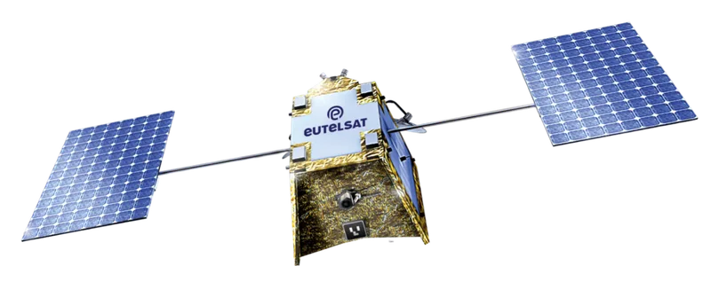 Dreidimensionale Grafik eines Eutelsat-Kommunikationssatelliten mit zwei ausgefahrenen Solarmodulen vor schwarzem Hintergrund