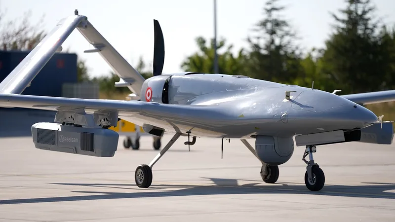 Kampfdrohne Bayraktar TB2 mit montiertem elektronischen Kampfführungssystem Aselsan Antidot 2-EA auf einem Flugfeld