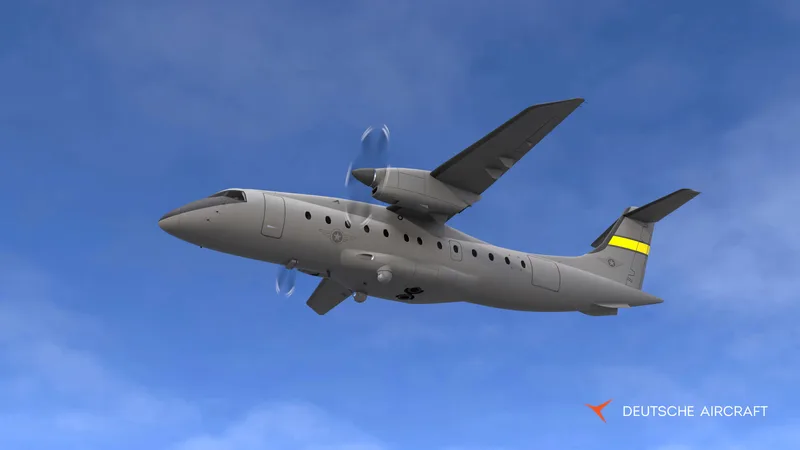 Deutsche Aircraft D328MR Mehrzweckflugzeug in grauem Militäranstrich mit unterseitigem Sensor im Flug