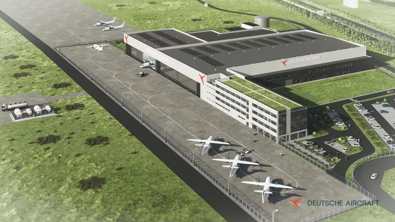 Digitale Visualisierung des geplanten Deutsche Aircraft Montagewerks am Flughafen Leipzig/Halle mit Hallen und Propellerflugzeugen
