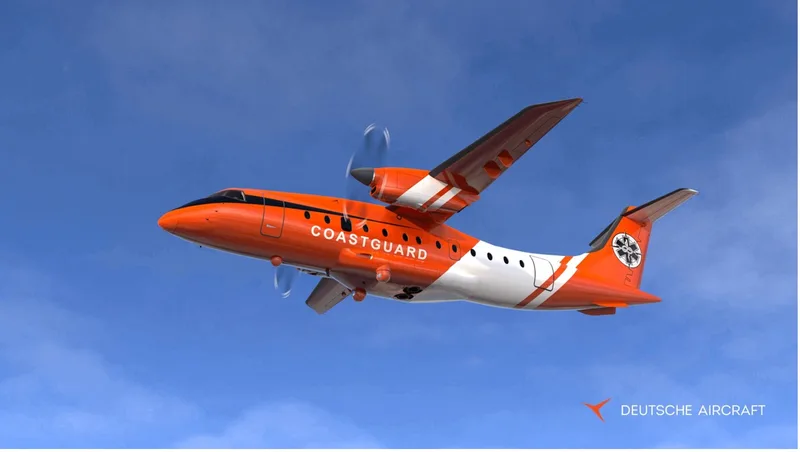 Computergenerierte Grafik des zweimotorigen Turboprop-Flugzeugs D328eco von Deutsche Aircraft in orange-weißer Küstenwach-Lackierung