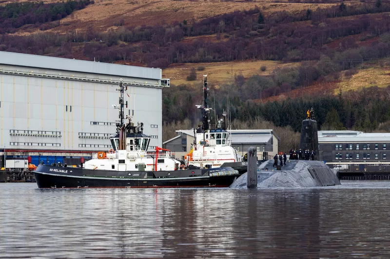 The Royal Navy SSBN HMS Vengeance departing HMNB Clyde for sea trials in February 2025. The UK MoD has committed to a GBP 15 billion upgrade to the facilities at Faslane to improve the readiness of the UK’s SSN and SSBN fleets.