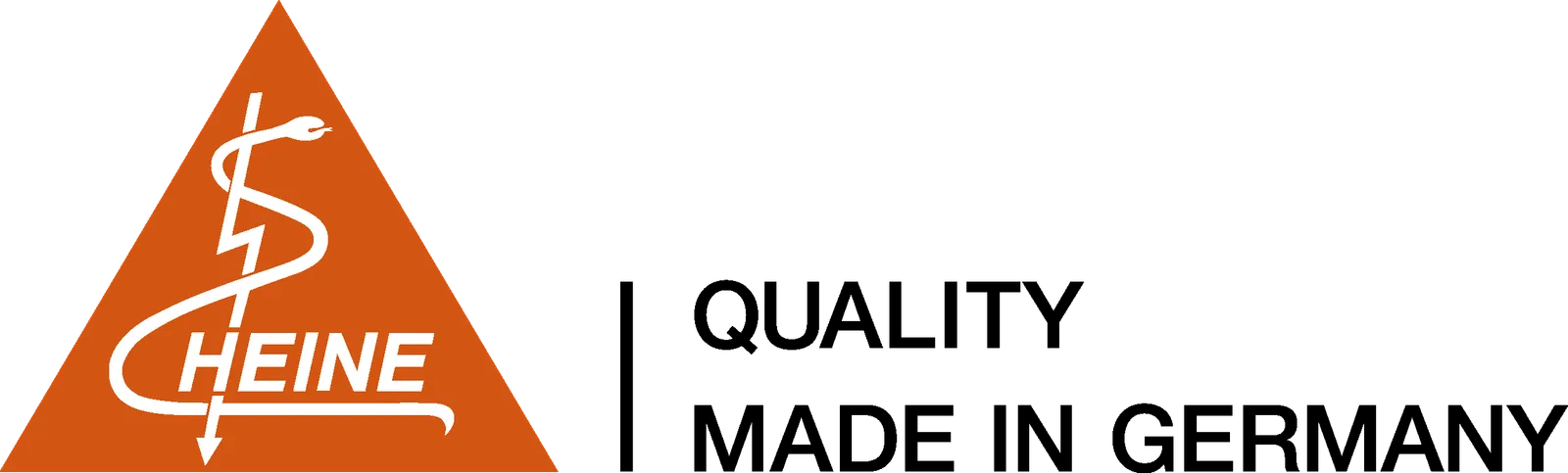 Firmenlogo von HEINE Optotechnik mit orangefarbenem Dreieck, Schriftzug und stilisiertem Äskulapstab
