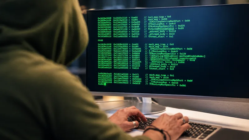 Ransomware: Person mit Kapuze tippt an einem Computerarbeitsplatz vor einem Bildschirm mit grünem Programmcode auf schwarzem Hintergrund