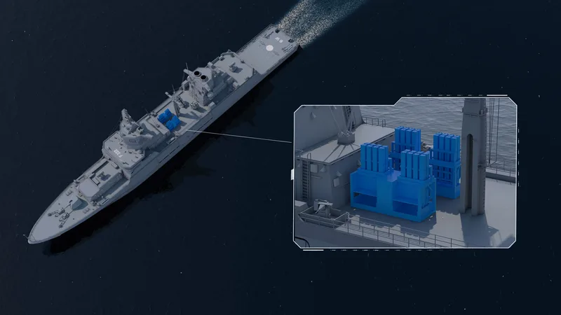 3D-Visualisierung der Fregatte Baden-Württemberg F 222 mit Detailansicht der vertikalen Flugkörper-Startbehälter auf dem Oberdeck