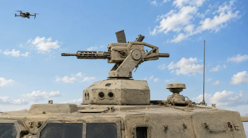 Fernbedienbare Waffenstation Axon auf einem Militärfahrzeug, ausgerichtet auf eine Drohne am Himmel