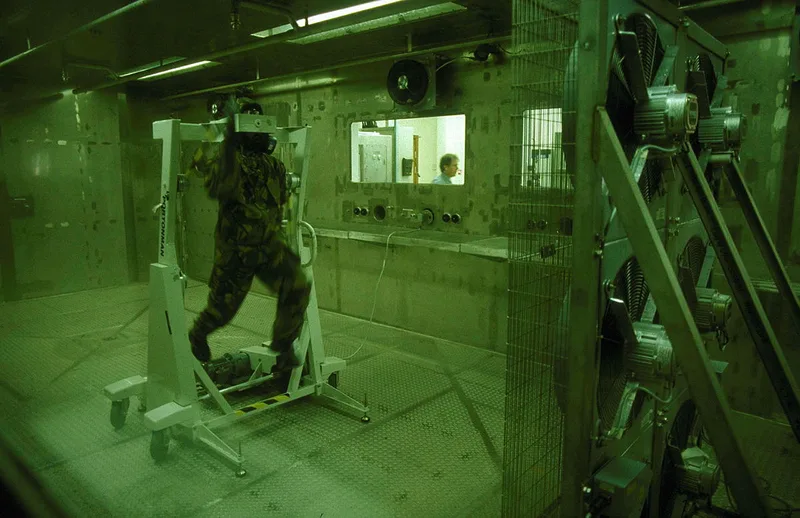 Photo shows a rare glimpse inside Porton Down’s laboratories. Seen here is ‘Porton Man’ – a humanoid robotic mannequin covered in sensors – being used to test the successor to the Mk4 NBC suit, within a deadly chemical atmosphere. (Steve Dock © Crown copyright 2000)