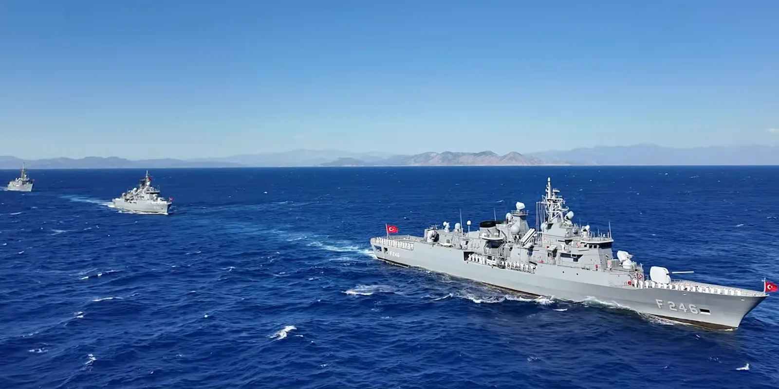 The Turkish Navy’s MEKO 200 Frigate TCG Salihreis leads two other vessels during Exercise Denizkurdu-I/2026.