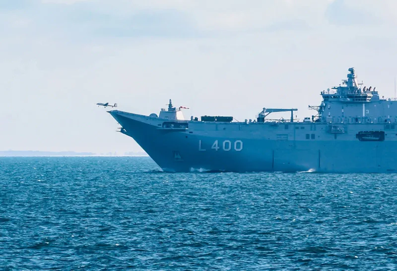 A Bayraktar TB3 UCAV taking off from the runway of Turkish Navy's flagship TCG Anadolu during Exercise Steadfast Dart.