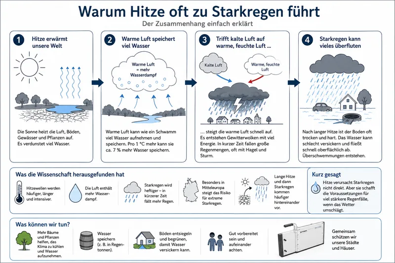 Infografik in vier Schritten: Hitze, Wasserdampf, Gewitter, Überflutung. Dazu Forschungsstand und Tipps zum Schutz vor Starkregen.