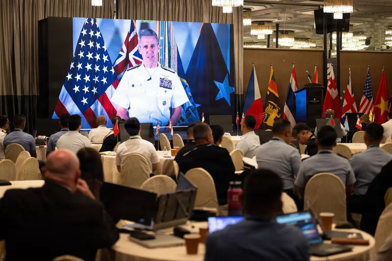 Southeast Asia Cooperation and Training (SEACAT) participants watch an introductory video during the exercise in Singapore on 3 August 2026. SEACAT is a multilateral, multi-platform exercise including ashore and at-sea training evolutions emphasising real-world engagements to enhance co-operation and maritime security capabilities in the Indo-Pacific.