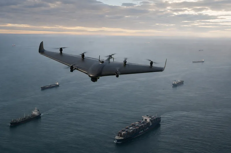 Zwei Airbus H225M Hubschrauber fliegen in Formation über hügeligem Gelände, die vordere Maschine mit Sensorsystem unter dem Bug