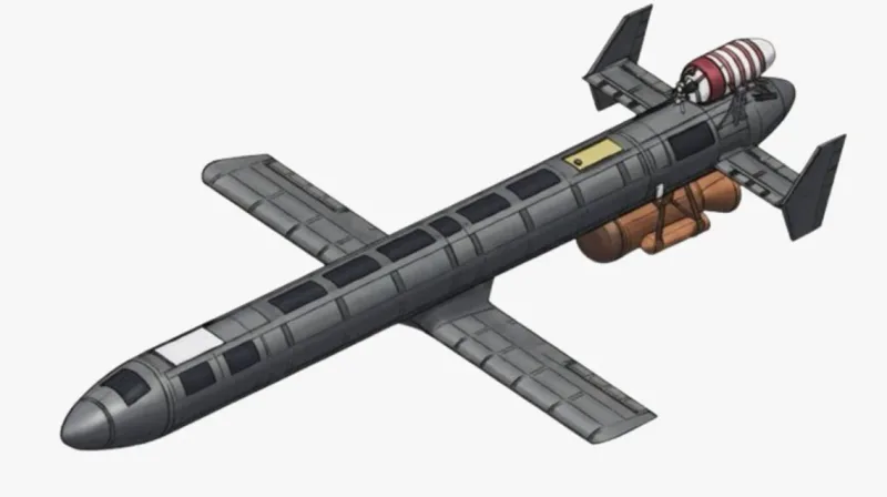 Grafische Illustration einer zylindrischen Geran-Drohne mit geraden Tragflächen, H-Leitwerk und externen Treibstoffbehältern