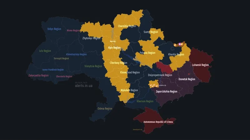 A screenshot from the Air Raid Alert Map of Ukraine, highlighting the yellow and red alert system.