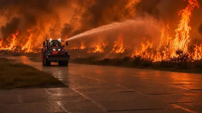 Waldbrandbekämpfung: Feuerlöschtraktor mit Dachwasserwerfer bekämpft einen Vegetationsbrand entlang eines befestigten Weges mit einem Wasserstrahl