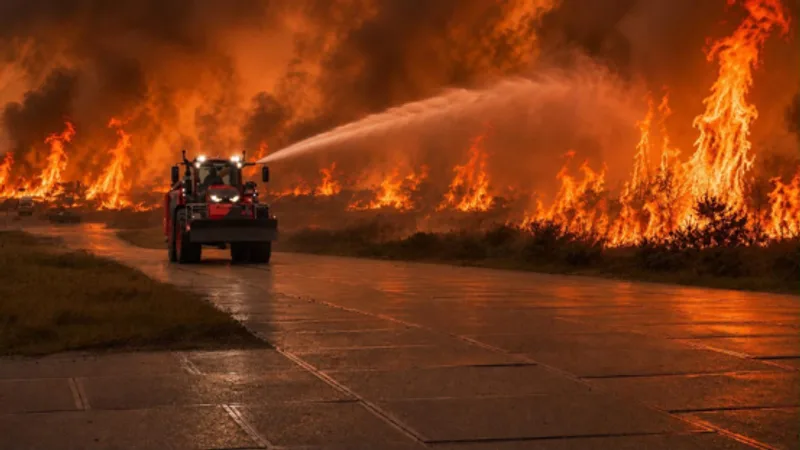 Feuerlöschtraktor mit Dachwasserwerfer bekämpft einen Vegetationsbrand entlang eines befestigten Weges mit einem Wasserstrahl