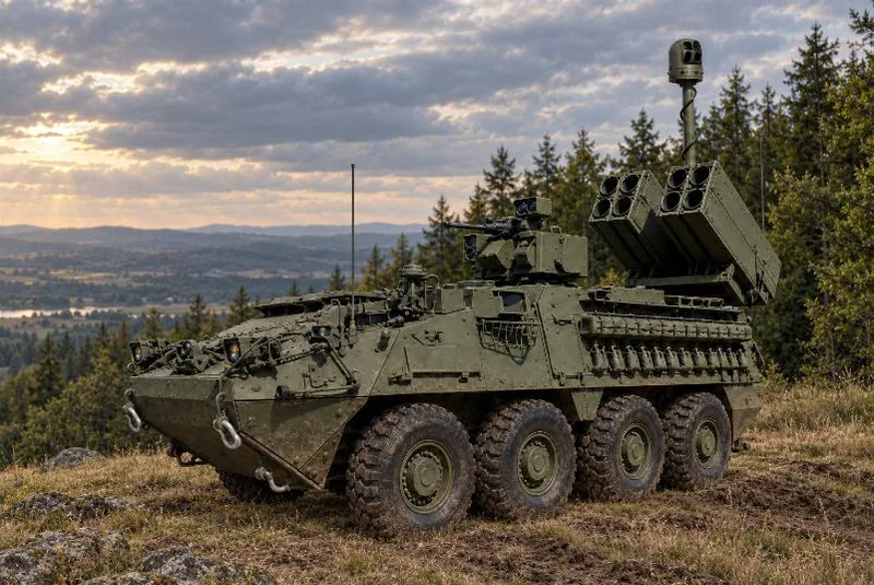 Radpanzer Stryker von General Dynamics Land Systems mit Luftverteidigungskonfiguration, Lenkflugkörperstartern und Aufklärungssensor