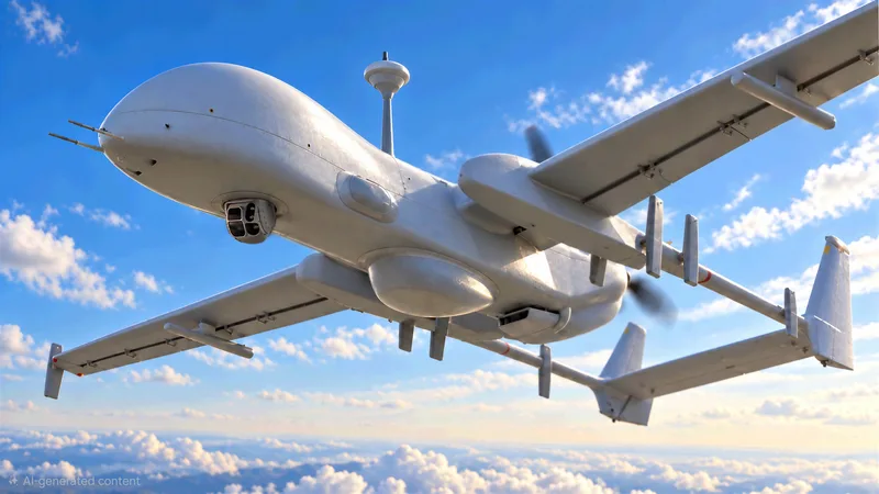 Computergenerierte Darstellung einer unbemannten Aufklärungsdrohne mit Sensorkopf und Radarkuppel im Flug über einer Wolkendecke