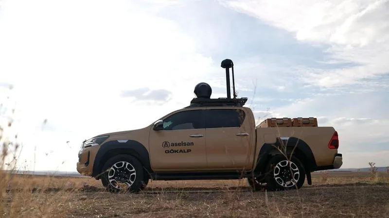 Geländegängiger Pritschenwagen Aselsan Gökalp mit elektro-optischen Sensoren und Antennenmast in offenem Gelände