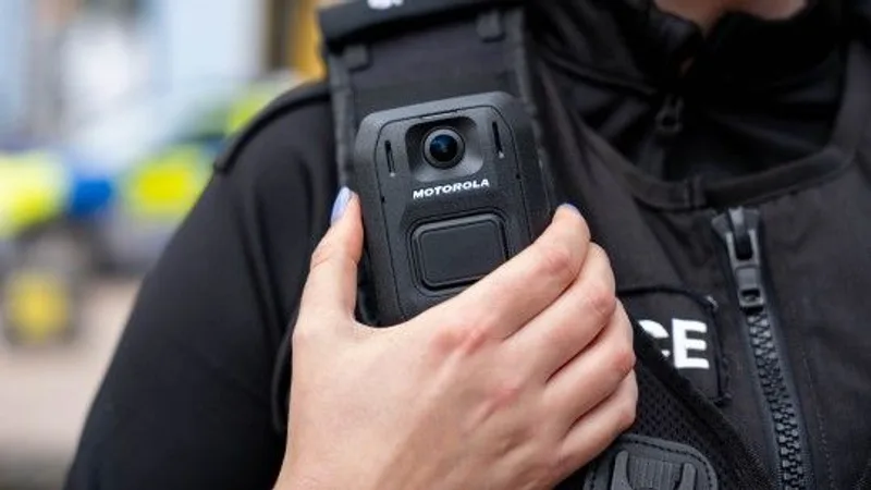 Bodycam: Einsatzkraft bedient eine an der Schutzweste befestigte Motorola Solutions V500 Körperkamera