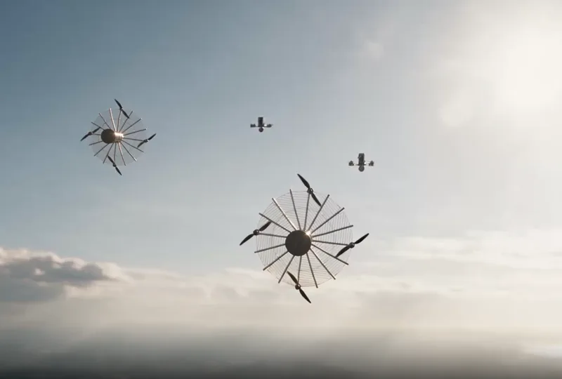 Vier unbemannte Abfangdrohnen mit Speichenkonstruktion und vier Propellern fliegen vor hellem Himmel