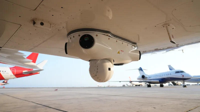DIRCM-Turm des Raketenschutzsystems AMPS von BIRD Aerosystems an der Unterseite eines Flugzeugs auf einem Flugplatzvorfeld