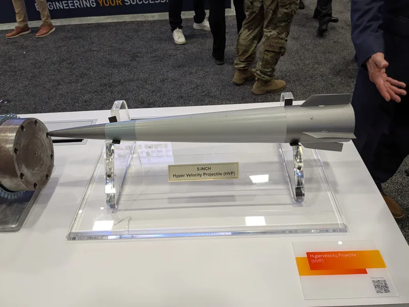 A representation of BAE Systems’ Hypervelocity Projectile (HVP) shown at AUSA 2026. The sensor arrangement is not visible in this model.