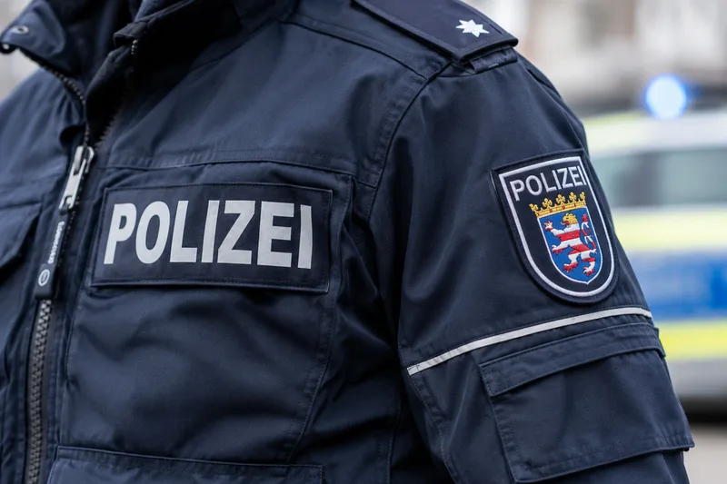 Frankfurt: Polizeibeamter der hessischen Polizei in Einsatzbekleidung mit Landeswappen vor einem Einsatzfahrzeug mit Blaulicht