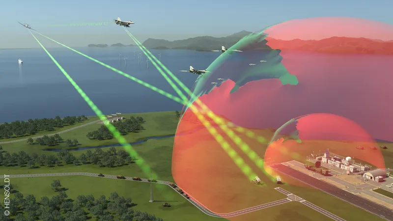Computergrafik des Hensoldt Kalaetron Attack Systems bei der elektronischen Störung gegnerischer Radaranlagen aus der Luft