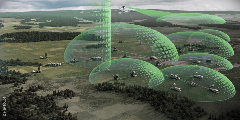 Hensoldt-Grafik zur Vernetzung eines bodengebundenen Luftverteidigungssystems mit Radargeräten, Startgeräten und Frühwarnflugzeug