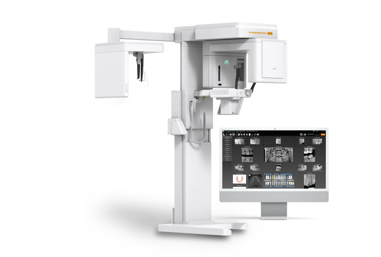 Digitales und diagnostisches Röntgensystem von orangedental und Vatech mit Fernröntgenausleger und Monitoranzeige zahnärztlicher Aufnahmen