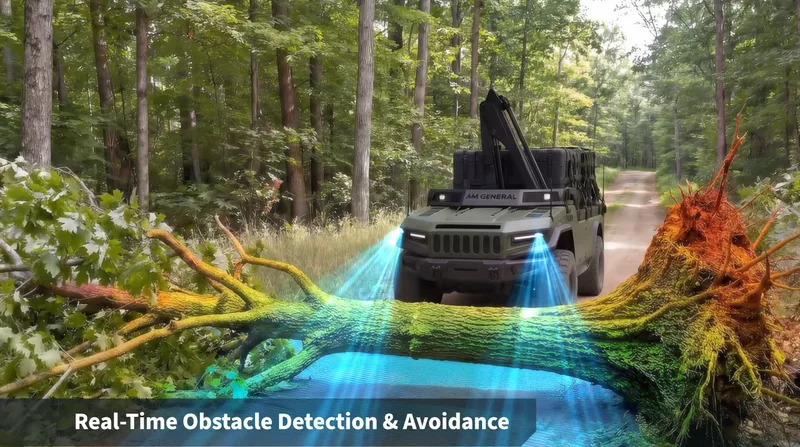 A screenshot from AM General’s promotional imagery showcasing the Humvee-based UGV’s real-time obstacle detection capability. (AM General)