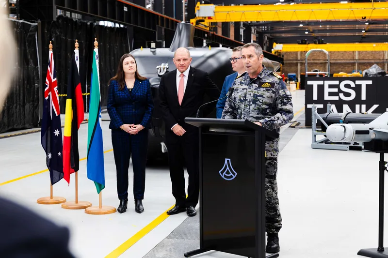Australia’s Chief of Navy Vice Admiral Matthew Buckley is pictured alongside government and industry officials at Anduril Australia’s Sydney facility, where the RAN’s new MUS payload options were revealed.