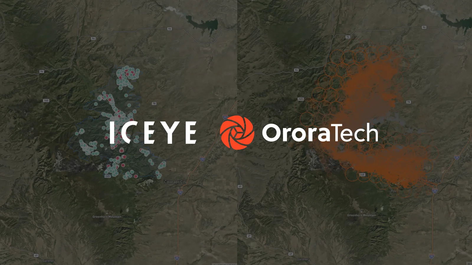 Satellitengestützte Branderfassungsdaten von ICEYE und OroraTech im direkten Vergleich auf einer Geländekarte