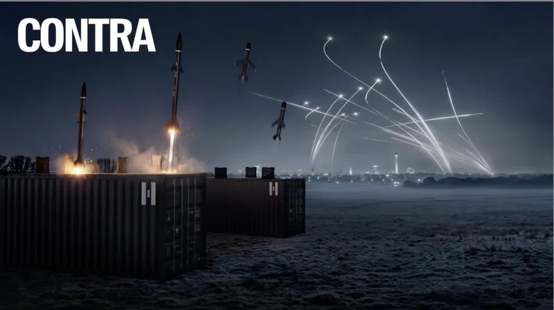 Grafische Darstellung eines containerbasierten Luftverteidigungssystems CONTRA von Helsing, welches auf einem jetgetrieben und einen raketenbasierten Interceptor besteht.